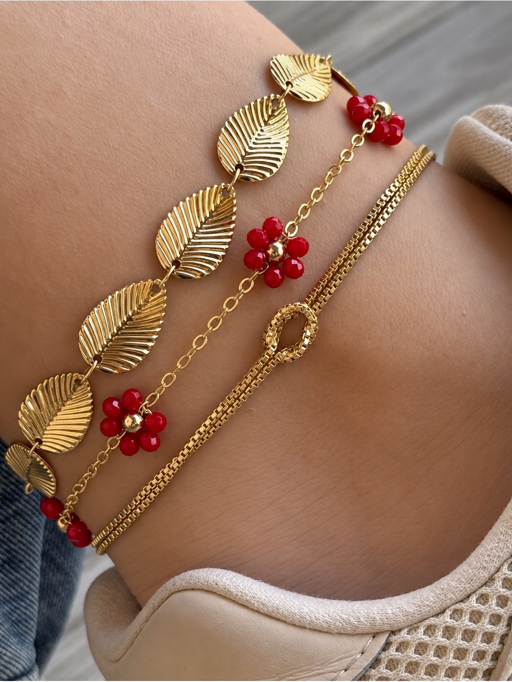 Red Crystal Flower 14k Gold Plated Anklet Water Resistant Summer Jewelry